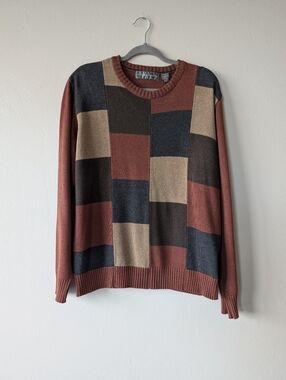 Oscar De La Renta Men's Colorblock Crewneck Sweater Rust Multi Patchwork Size L